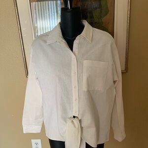 Women's Linen White /Cream Button-Down Crop Shirt with Tie